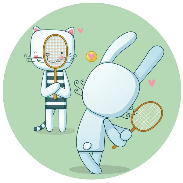 Vector illustration of an active cat and rabbit playing tennis — Stock Vector