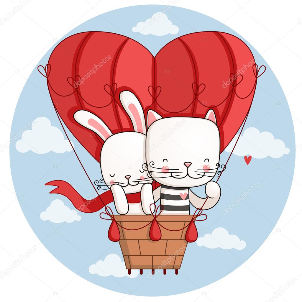 Hare and cat are flying on the big balloon in the shape of heart.
