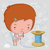 Red-haired girl is sitting on a chair in front of a large coil and tries to insert a purple thread through the eye of a needle.
