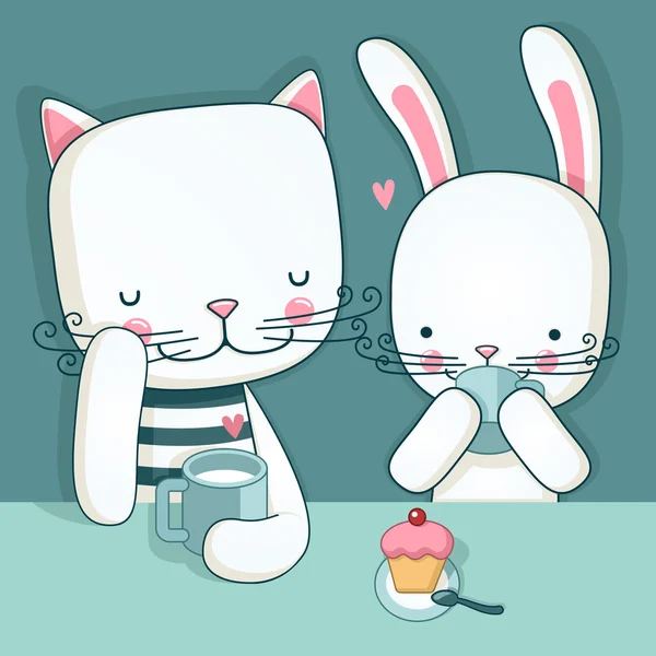 猫和兔子正坐在桌前，喝着茶，吃蛋糕. — 图库矢量图片