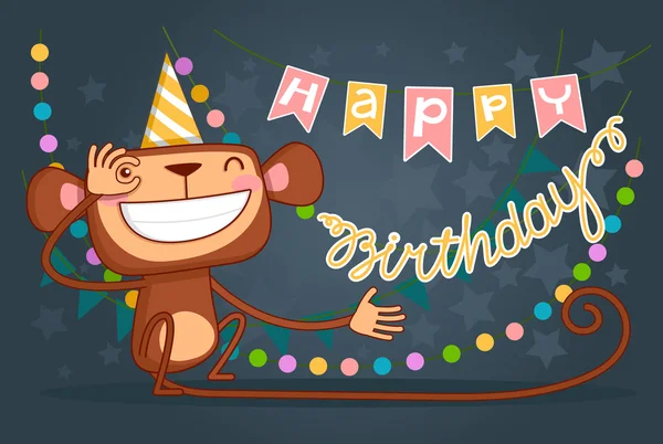 Lindo feliz cumpleaños tarjeta con divertido mono . — Vector de stock