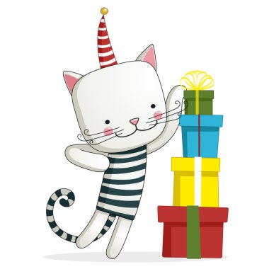 Tebrik kartı ile komik kedi hediye kutuları üzerinde oturan