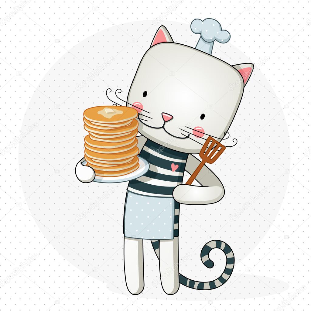Cat cooks baked pancakes