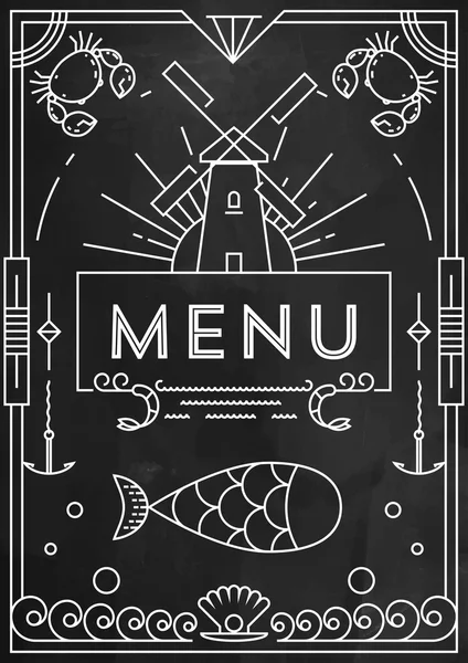 Design der Meeresfrüchte-Speisekarte mit linearen Symbolen — Stockvektor