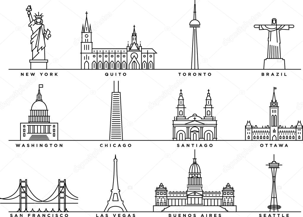 set of famous american landmarks