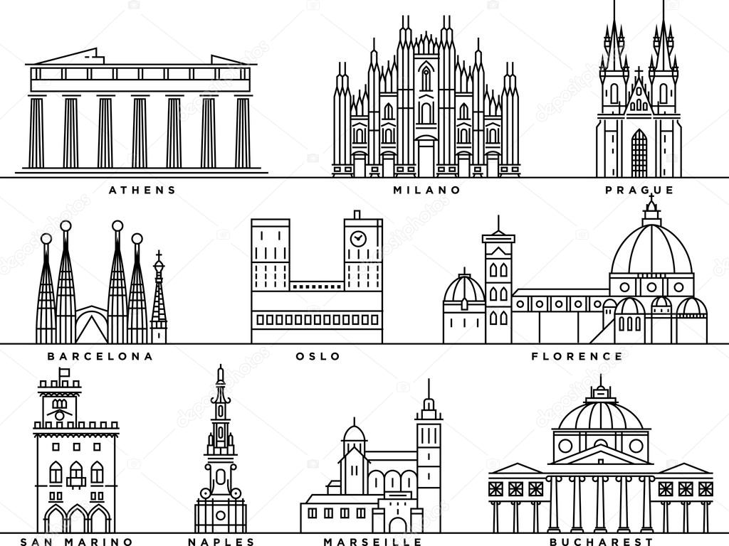 set of famous european landmarks