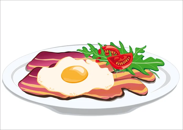 Huevos y tocino con ensalada y tomate — Vector de stock