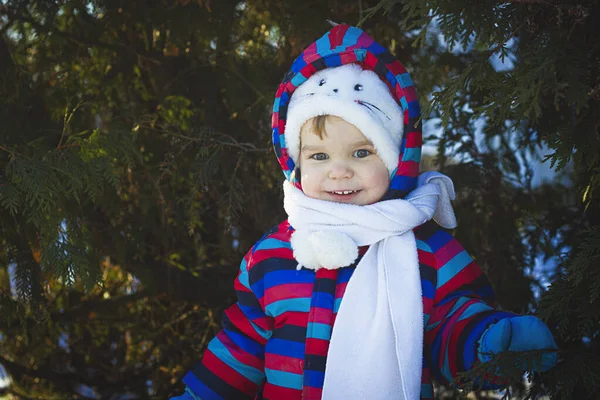 Una niña camina por el bosque y mira desde los árboles sobre el fondo de un parque cubierto de nieve. Caminar con niños en ropa de abrigo al aire libre —  Fotos de Stock