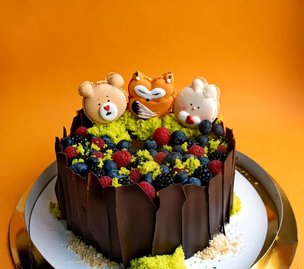 Chocolate cake for children with decoration in the shape of a bunny, an owl and a bear in a meadow of berries and cream for a childrens birthday on an orange background — Stock Photo, Image