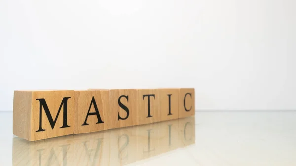Slovo Mastic Bylo Vytvořeno Dřevěných Kostek Písmen Gastronomie Koření Zavřít — Stock fotografie
