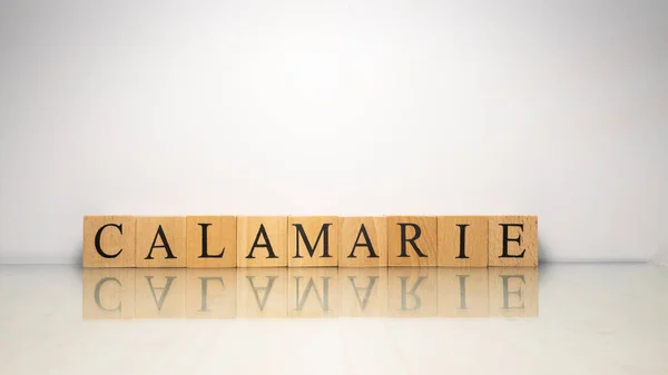 Nombre Calamarie Fue Creado Partir Cubos Letras Madera Mariscos Comida — Foto de Stock