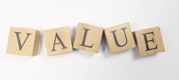 Słowo Value Zostało Stworzone Drewnianych Kostek Finanse Gospodarka — Zdjęcie stockowe