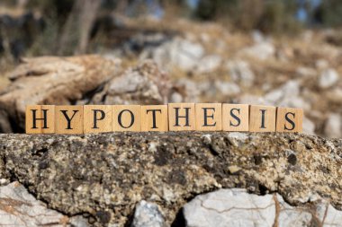 Hipotez kelimesi ahşap küplerden yaratılmıştır. Duvarda resmedilmiş. Yakın plan..