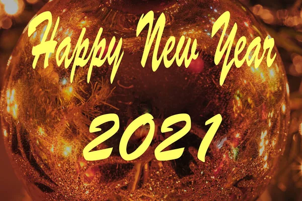 Text Happy New Year 2021 Background Golden Ball Shallow Depth — Stock Photo, Image