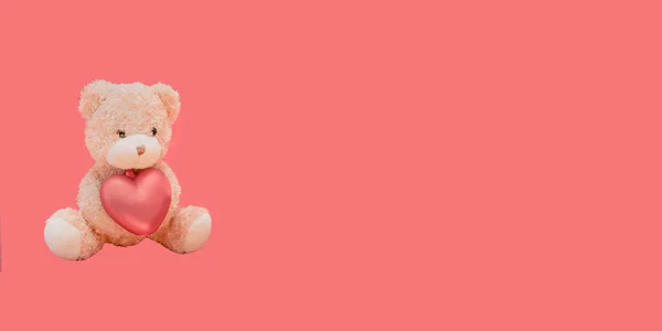 Valentinstag Bär Teddy Gibt Ein Rotes Herz Banner Für Valentinstag — Stockfoto