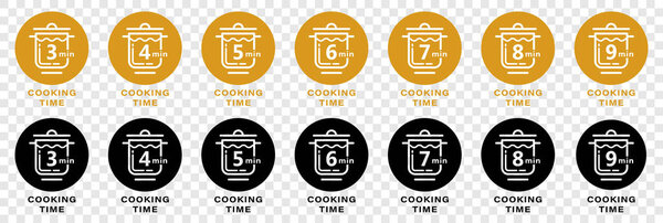 Значок упаковки продуктов питания. Рекомендуемое время приготовления. Запеканка в плоском линейном стиле с цифрой, указывающей количество минут. Информационный ярлык Вектор.