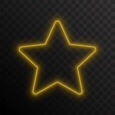 Parlayan bir yıldız. Neon ışıklı sarı yıldız koyu şeffaf bir arkaplanda izole edildi. Vektör illüstrasyonu.