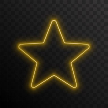 Parlayan bir yıldız. Neon ışıklı sarı yıldız koyu şeffaf bir arkaplanda izole edildi. Vektör illüstrasyonu.