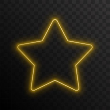 Parlayan bir yıldız. Neon ışıklı sarı yıldız koyu şeffaf bir arkaplanda izole edildi. Vektör illüstrasyonu.