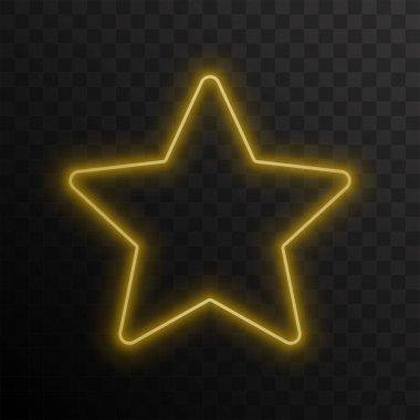 Parlayan bir yıldız. Neon ışıklı sarı yıldız koyu şeffaf bir arkaplanda izole edildi. Vektör illüstrasyonu.