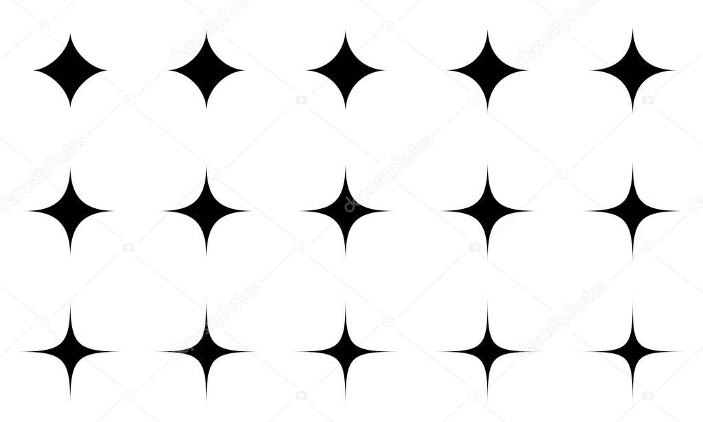 Flat design decorative elements. Set of black silhouettes of sparkling stars. Shiny particles. Symbols of radiance and purity. Isolated over white background. Vector
