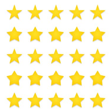 Kalite derecelendirme sembolleri. Farklı şekillerde beş köşeli sarı yıldızlar. Şeffaf arkaplanda izole edilmiş. Ürün kalitesi değerlendirme simgeleri. Vektör illüstrasyonu.