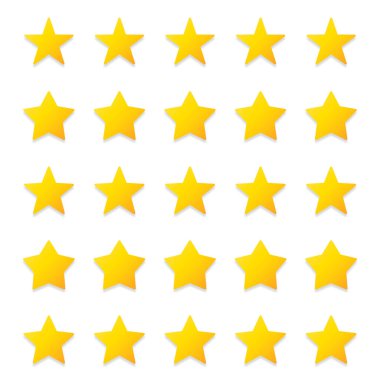 Kalite derecelendirme sembolleri. Farklı şekillerde beş köşeli sarı yıldızlar. Şeffaf arkaplanda izole edilmiş. Ürün kalitesi değerlendirme simgeleri. Vektör illüstrasyonu.