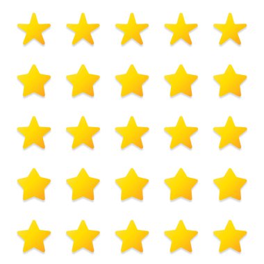 Kalite derecelendirme sembolleri. Farklı şekillerde beş köşeli sarı yıldızlar. Şeffaf arkaplanda izole edilmiş. Ürün kalitesi değerlendirme simgeleri. Vektör illüstrasyonu.