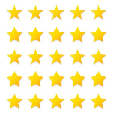 Kalite derecelendirme sembolleri. Farklı şekillerde beş köşeli sarı yıldızlar. Şeffaf arkaplanda izole edilmiş. Ürün kalitesi değerlendirme simgeleri. Vektör illüstrasyonu.