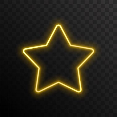 Dekoratif unsur. Parlayan bir yıldız. Neon ışıklı sarı yıldız. Koyu şeffaf bir arkaplanda izole edilmiş. Vektör illüstrasyonu.