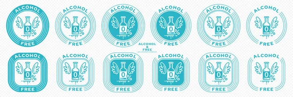 A set of conceptual stamps for packaging products. Labeling - alcohol free. Stamp with the symbol of the exempt, free. Bottle with a drink, wings and a flowing ingredient symbol. Vector grouped elements.