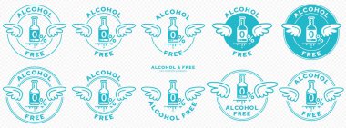 Paketleme ürünleri için kavramsal pullar. Etiketleme - alkolsüz. Kanatlı yuvarlak bir pul. Özgürlüğün, özgürlüğün sembolü. Şişede düz bir ikon ve dışa vuran bir malzeme var. Vektör gruplanmış ögeler.