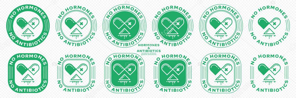 Concept for product packaging. Labeling - no hormones or antibiotics. A stamp with an open capsule badge, poured medication and a line of flowing ingredient - a symbol of freedom. Vector set.