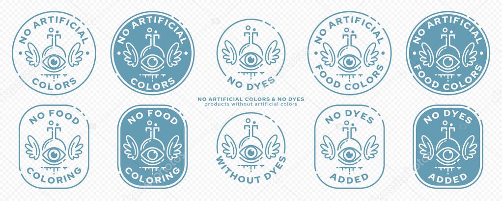 Concept stamps for product packaging - no artificial colors. The flask is an eye with wings and a line of an ingredient flowing out - a symbol of liberation from synthetic components. Vector