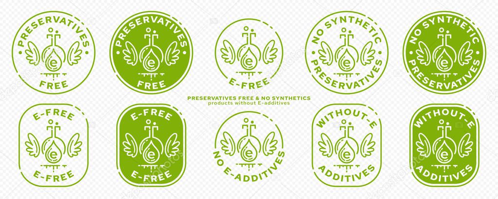 Concept for product packaging. Labeling - no preservatives. Ingredient drop icon with synthetic E-preservative and wings - symbol of freedom from ingredient. Vector set.
