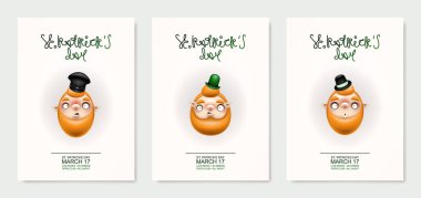 Aziz Patrick günün kutlu olsun! Tebrik kartı ya da tatil ya da parti davetiyesi. Komik çizgi film Patrick 'in kızıl başlıklı kıvırcık bayram yazıları. Karakterin yüzü. Vektör