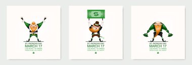 Aziz Patrick günün kutlu olsun! Kartpostal, el ilanı, davetiye. Patrick 'in kızıl karakteri hafif bir arka planda poz veriyor ve yüzünü buruşturuyor. Şenlik kostümü giymiş komik bir cüce. Vektör illüstrasyonu.