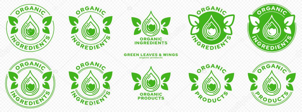 Conceptual marks for product packaging. Labeling - organic ingredients. The brand with the flask, with the winged leaves and the line of the ingredient is the natural flight of the ingredient. Vector