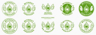 Ürün ambalajlama kavramı. Etiketleme - katkı maddeleri olmadan. Kanatlı damga, damla ve sıvı malzeme çizgisi bileşenden kurtulmanın bir sembolüdür. Vektör ögeleri.