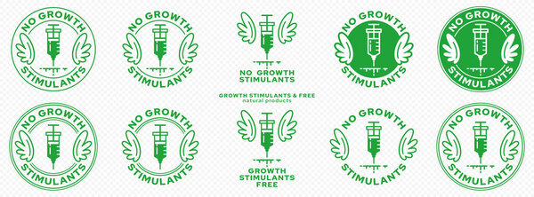 Концепция упаковки продуктов. Маркировка - без стимуляторов роста. Печать с крыльями и шприц с лекарством - символ свободы от регуляторов роста. Векторные элементы.