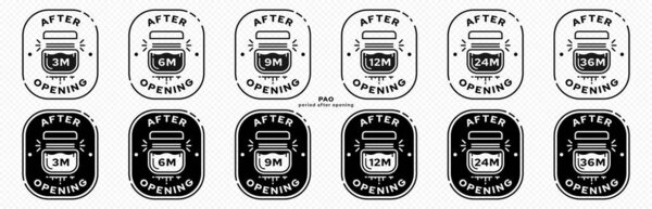 Concept for packaging. Marking is the storage period after opening. Icon of an open cosmetic bottle with an indicator of the number of months of storage. Vector.