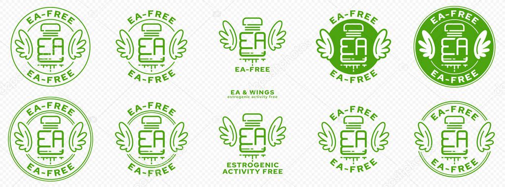 Concept for plastic products. Labeling - no estrogenic activity. A plastic EA bottle with wings and a flowing line - a symbol of freedom from estrogenic activity. Vector grouped elements.