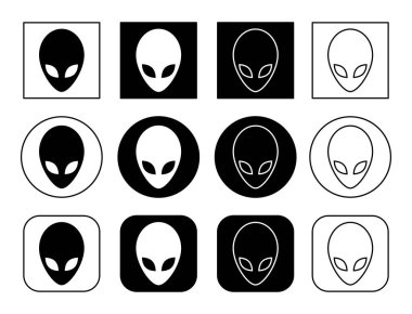 Simgeleri ayarlayın. Uygulamalar ve web siteleri için dünya dışı uzaylı yüzü ya da baş sembolü düz simge. Vektör illüstrasyonu. 