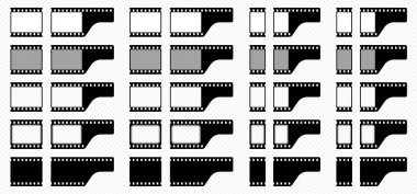 Bir dizi film çerçevesi. Kusursuz bir film ve filmin sonunda son bir çerçeve oluşturmak için bir kare. Boş bir filmin siyah-beyaz silueti ve çerçeveleri. Yuvarlak ve düz çerçeveler. Vektör