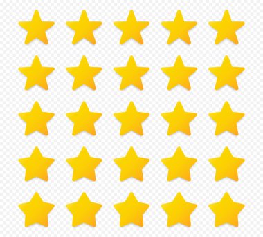 Kalite derecelendirme sembolleri. Şeffaf arkaplanda gölgesi olan beş köşeli sarı yıldızlardan oluşan bir set. Ürün kalitesi değerlendirme simgeleri. Vektör illüstrasyonu.