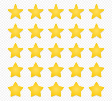 Kalite derecelendirme sembolleri. Şeffaf arkaplanda gölgesi olan beş köşeli sarı yıldızlardan oluşan bir set. Ürün kalitesi değerlendirme simgeleri. Vektör illüstrasyonu.