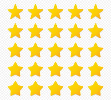 Kalite derecelendirme sembolleri. Şeffaf arkaplanda gölgesi olan beş köşeli sarı yıldızlardan oluşan bir set. Ürün kalitesi değerlendirme simgeleri. Vektör illüstrasyonu.