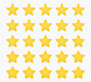 Kalite derecelendirme sembolleri. Şeffaf arkaplanda gölgesi olan beş köşeli sarı yıldızlardan oluşan bir set. Ürün kalitesi değerlendirme simgeleri. Vektör illüstrasyonu.