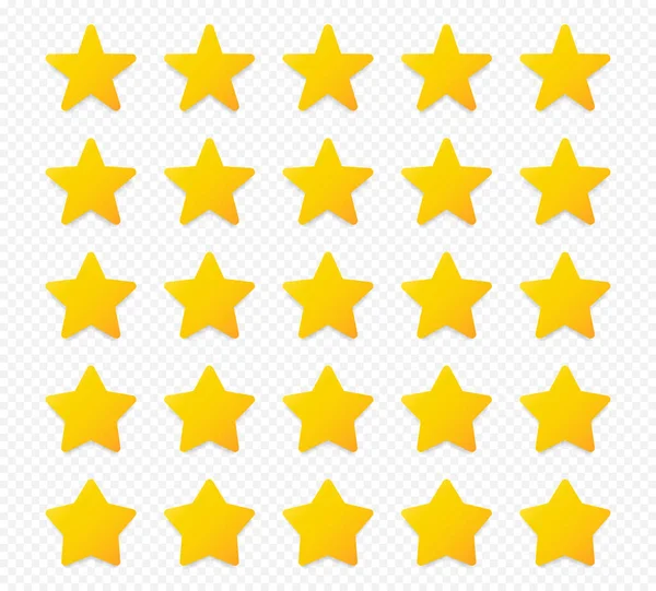 Kalite derecelendirme sembolleri. Şeffaf arkaplanda gölgesi olan beş köşeli sarı yıldızlardan oluşan bir set. Ürün kalitesi değerlendirme simgeleri. Vektör illüstrasyonu.