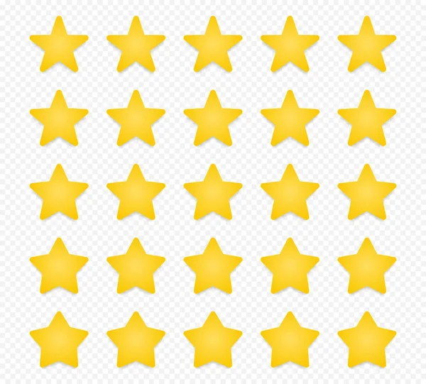 品質評価記号 透明な背景に影が隔離された5点の黄色の星のセット 製品品質評価アイコン ベクターイラスト — ストックベクタ